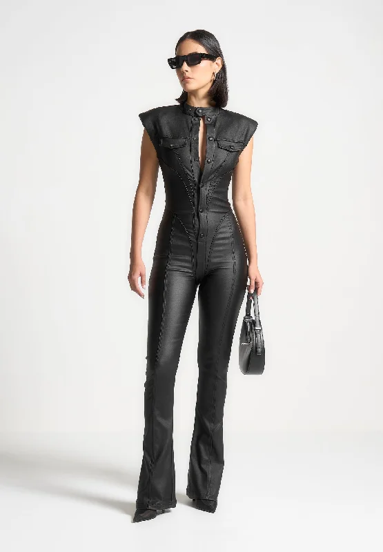 Wax Coated Denim Jumpsuit - Black